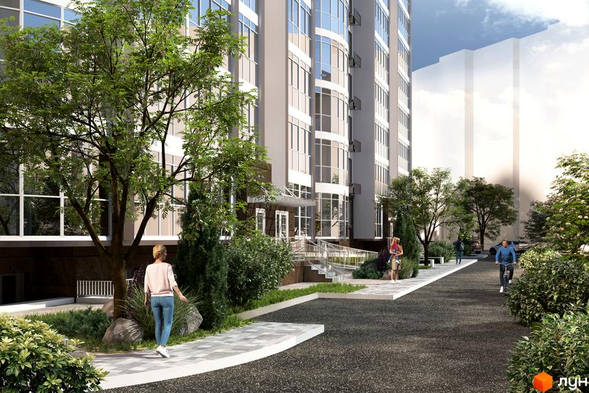 Житловий комплекс Теплий дім Plus. Зовнішній вигляд багатоповерхового будинку з великою кількістю вікон та озеленена прибудинкова територія з пішохідними доріжками та деревами.