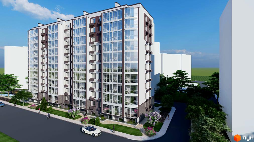 Зовнішній вигляд новобудови ЖК Теплий дім Plus з великою кількістю скління та балконами. Прибудинкова територія озеленена, з доріжками та місцями для відпочинку.