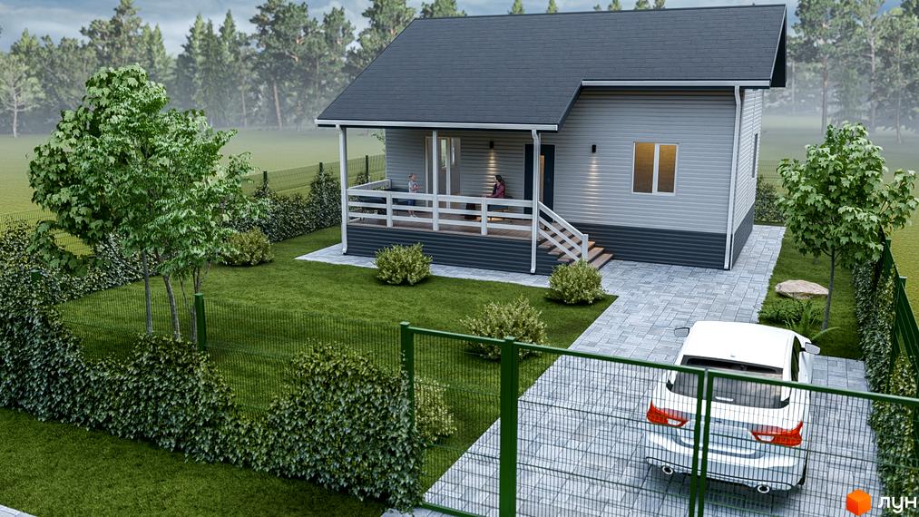 Котеджне містечко КМ Lagom Village: двоповерховий будинок сірого кольору з темним дахом, верандою та доглянутою прибудинковою територією з деревами та кущами.