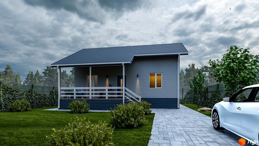 Зображення будинку в Котеджному містечку Lagom Village з прибудинковою територією та доріжкою. Навколо зелені насадження та дерева.