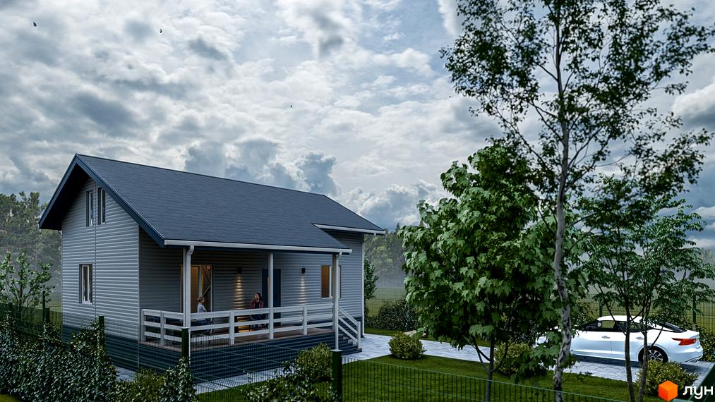 Котеджне містечко Lagom Village: двоповерховий будинок з сірим сайдингом та темним дахом, верандою, біля будинку зелені дерева, паркан та білий автомобіль на подвір'ї.