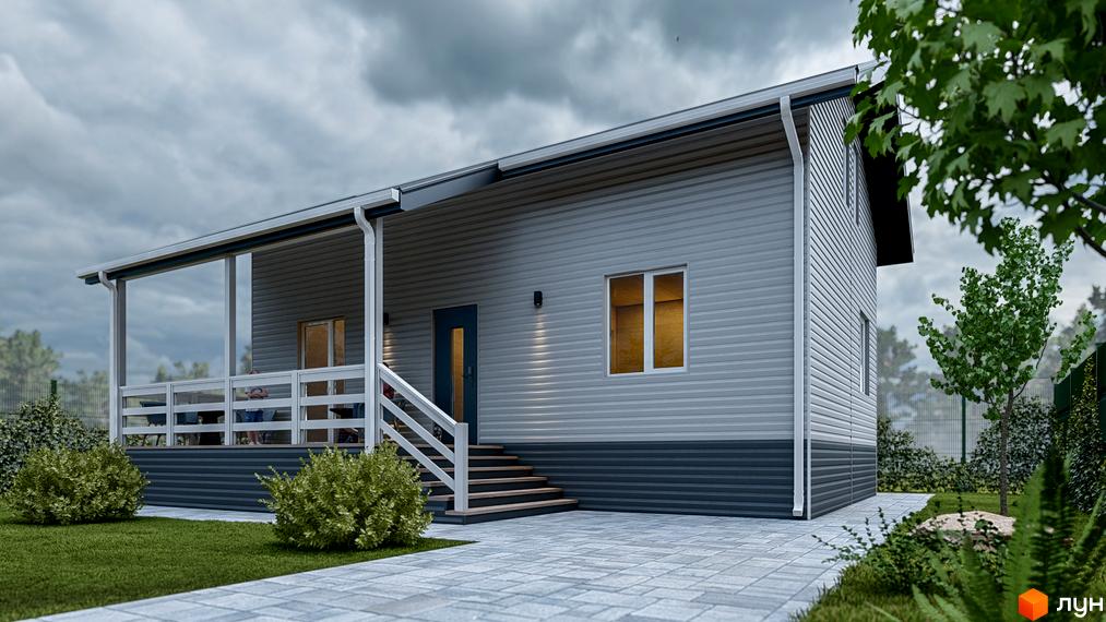 Котеджне містечко КМ Lagom Village: сірий двоповерховий будинок з терасою, сходами та газоном. Навколо будинку зелені кущі та дерева, вимощена доріжка.