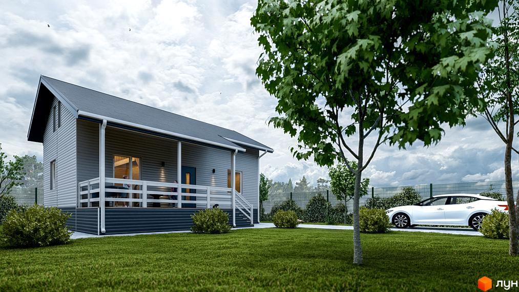 Зображення будинку в Котеджному містечку Lagom Village з великою зеленою галявиною та припаркованим білим автомобілем.