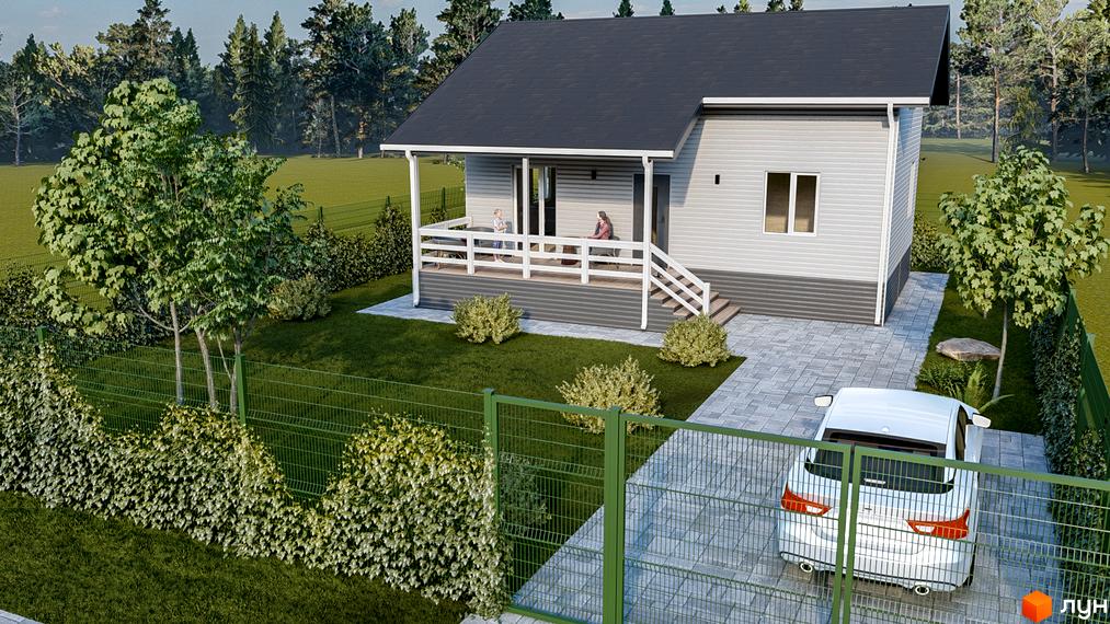 Котеджне містечко Lagom Village: світлий двоповерховий будинок з терасою та доглянутою прибудинковою територією, огородженою зеленим парканом. На подвір'ї розташований автомобіль.