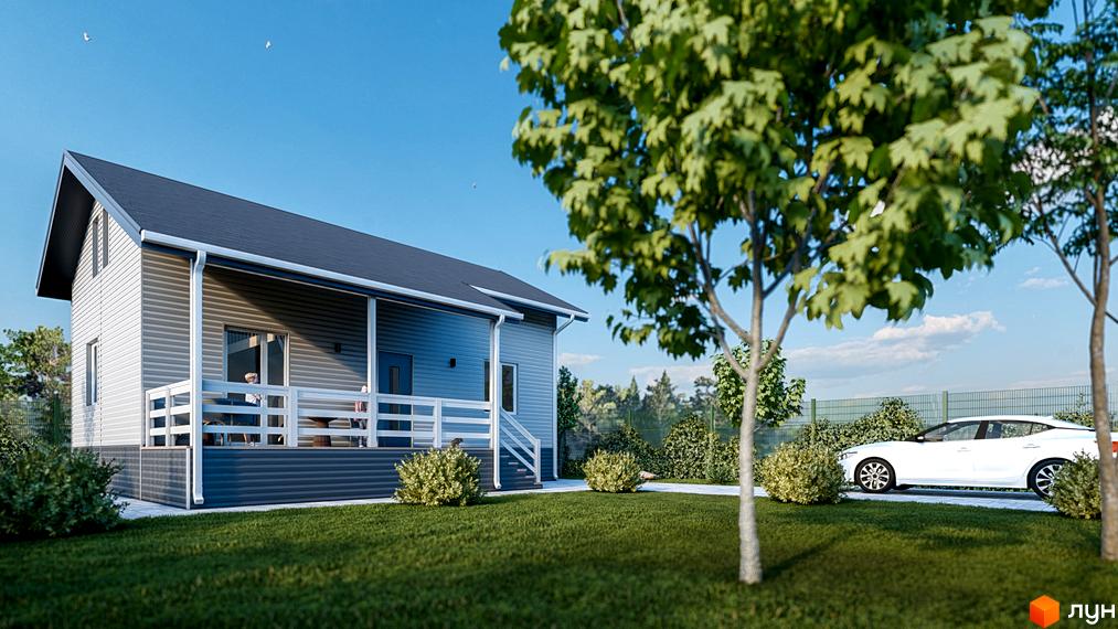 Зображення будинку в Котеджному містечку Lagom Village з терасою та зеленим газоном. На задньому плані білий автомобіль та дерева.