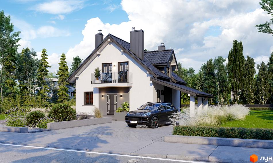 КМ Praud Hills: двоповерховий будинок з темним дахом та білими стінами, балкон зі скляною огорожею, прибудинкова територія з доглянутим газоном та деревами.