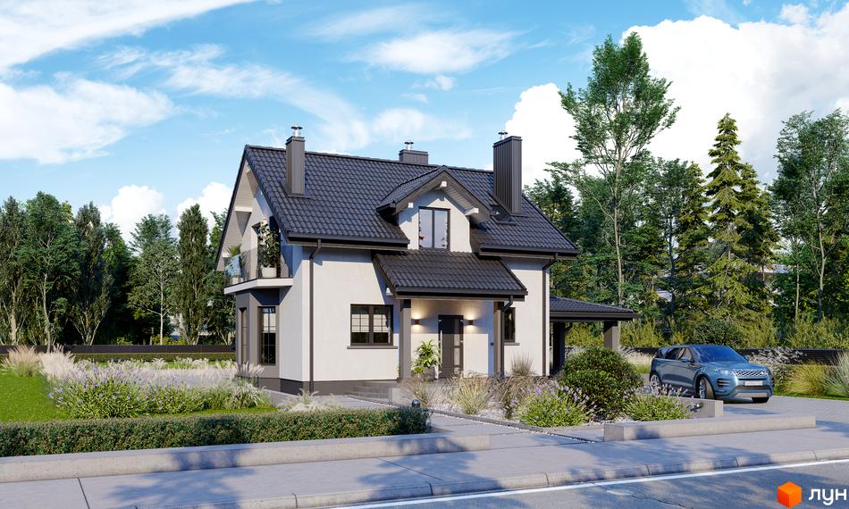 Котеджне містечко Praud Hills: двоповерховий будинок з сірим дахом та балконом, оточений деревами та доглянутою прибудинковою територією з автомобілем.