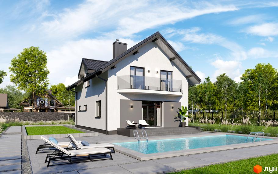 Котеджне містечко Praud Hills: білий двоповерховий будинок з балконом та басейном. Навколо будинку доглянута територія з лежаками та зеленню.