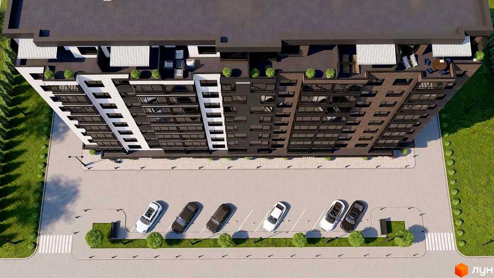 Зображення фасаду багатоповерхового будинку в Житловому комплексі Sweet PERLYNA з парковкою та озелененою територією.