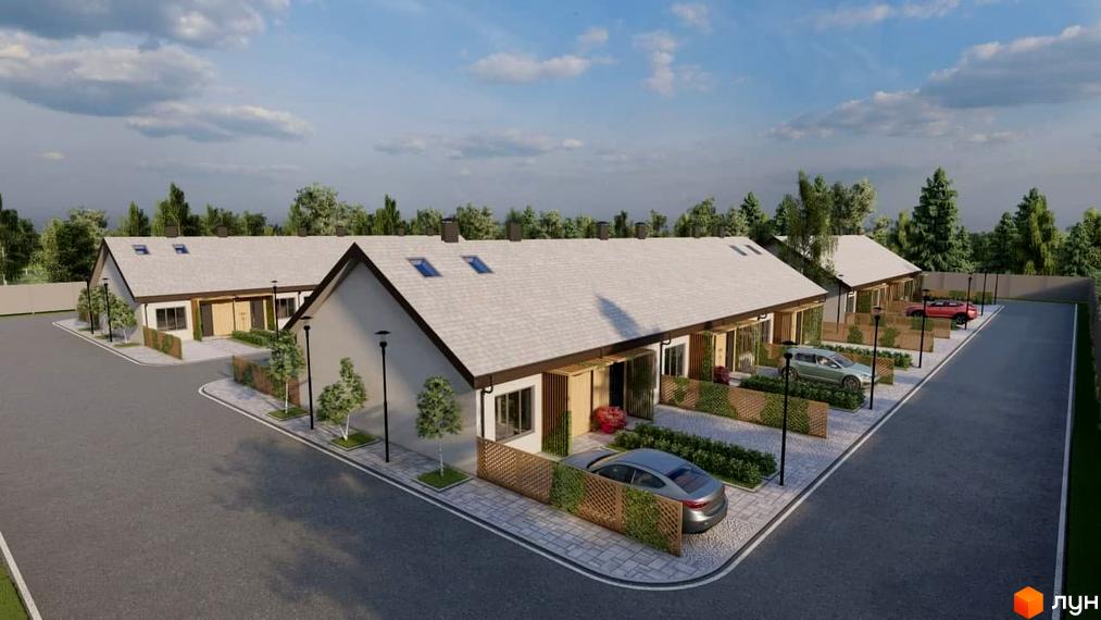 Таунхауси Greens – це сучасні будинки з білою черепицею та дерев'яними елементами фасаду. На прибудинковій території розташовані паркомісця та зелені насадження.