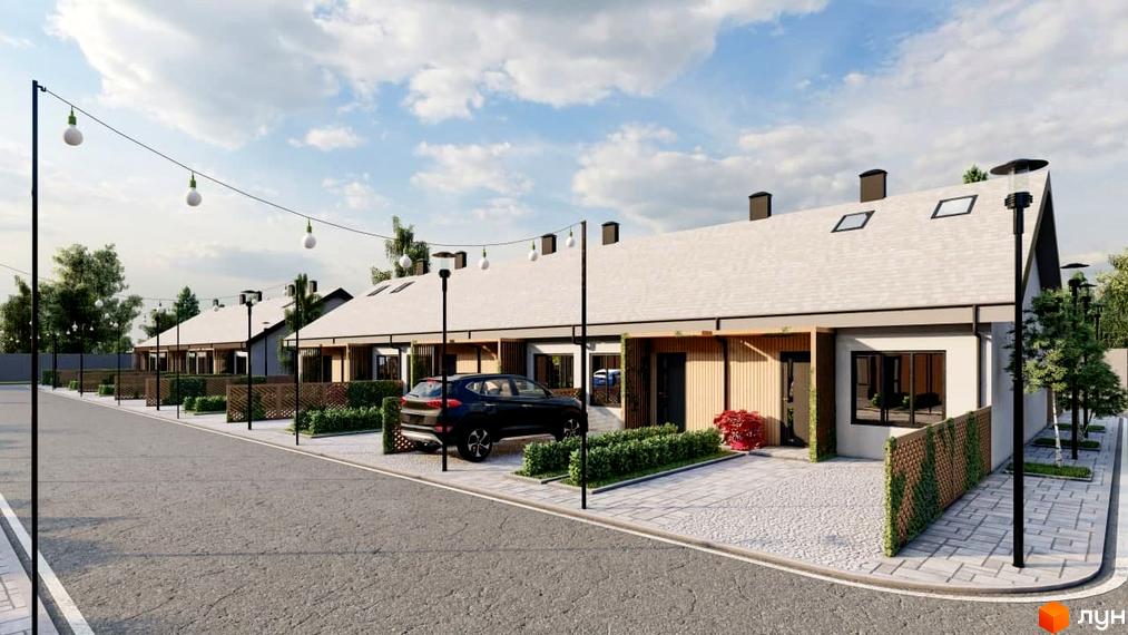 Таунхауси Greens: фасади будинків з дерев'яними елементами та великими вікнами, прибудинкова територія з доріжками та зеленню. Огляд новобудови.