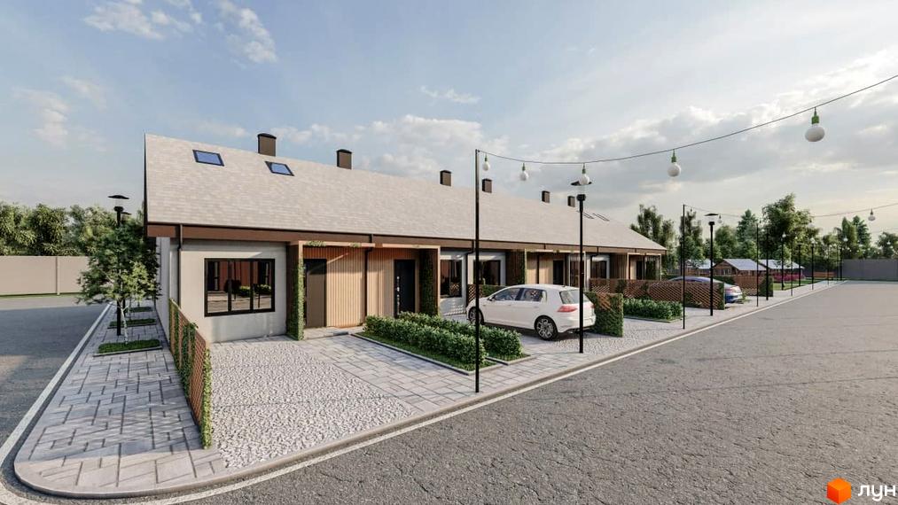 Ряд таунхаусів Greens зі світлими фасадами, темними дахами та дерев'яними елементами. Перед будинками доріжки, зелені насадження та паркувальні місця.