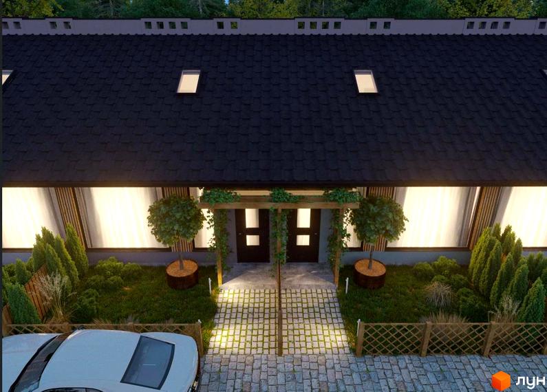 Таунхауси Harmony Land з двома входами та зеленими насадженнями навколо. Прибудинкова територія з доріжками з бруківки та парканом.