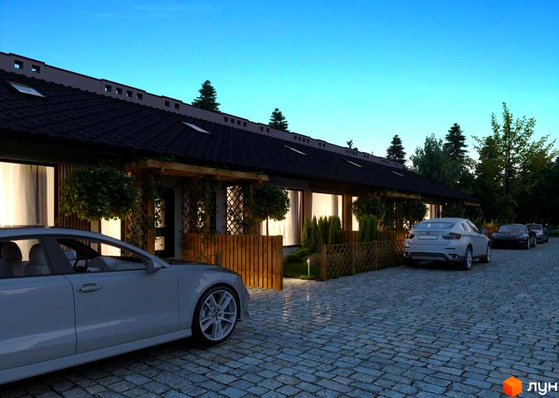 Таунхауси Harmony Land з дерев'яними елементами та великими вікнами, розташовані на брукованій прибудинковій території з автомобілями.