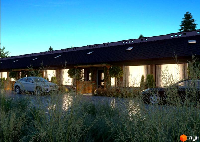 Таунхауси Harmony Land - це двоповерхові будинки з темним дахом та великими вікнами, розташовані на доглянутій прибудинковій території з паркуванням та зеленню.