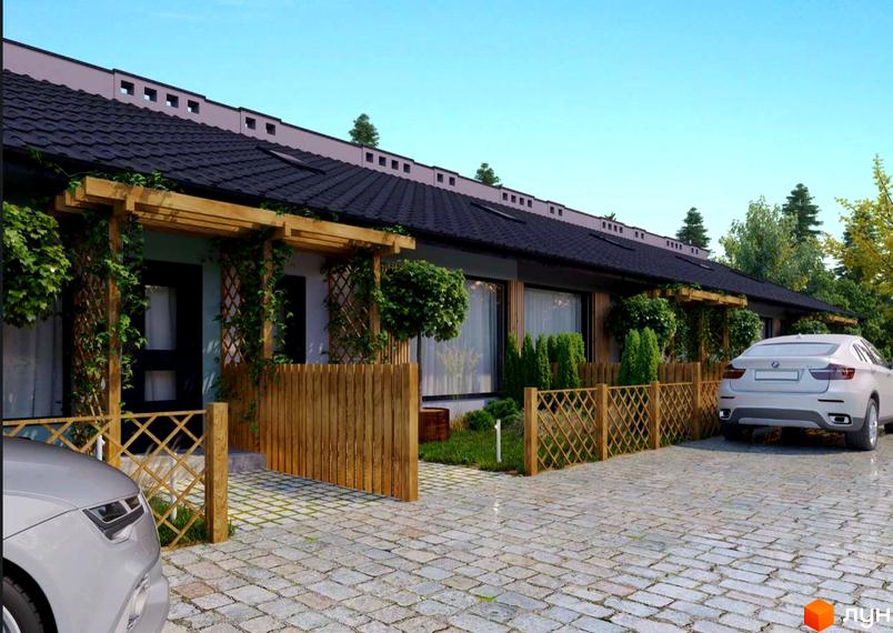 Таунхауси Harmony Land з дерев'яними перголами та парканом, прибудинкова територія з бруківкою та автомобілем.
