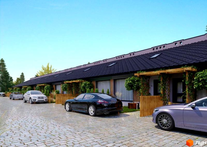 Таунхауси Harmony Land з чорними дахами та дерев'яними перголами, розташовані на брукованій вулиці з припаркованими автомобілями. Навколо зелені насадження та дерева.