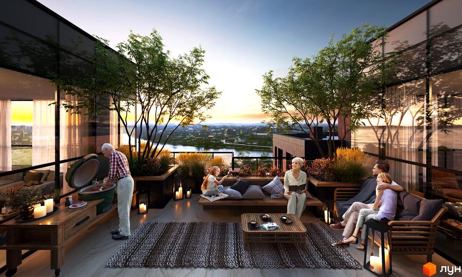 Зображення тераси на даху Житлового комплексу Замкова Брама з зоною барбекю та місцями для відпочинку.