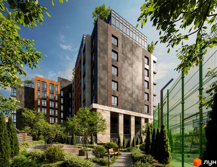 Зображення фасаду та прибудинкової території Житлового комплексу Замкова Брама. Навколо будинку зелені насадження, дерева та доріжки.