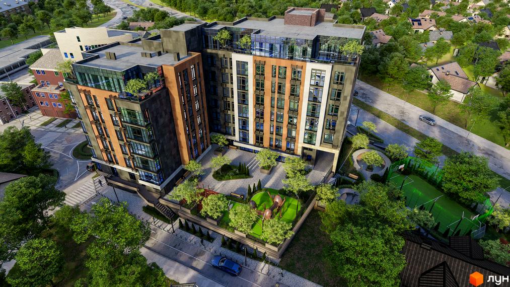 Зображення Житлового комплексу Замкова Брама з виглядом на фасад та прибудинкову територію з дитячим майданчиком.