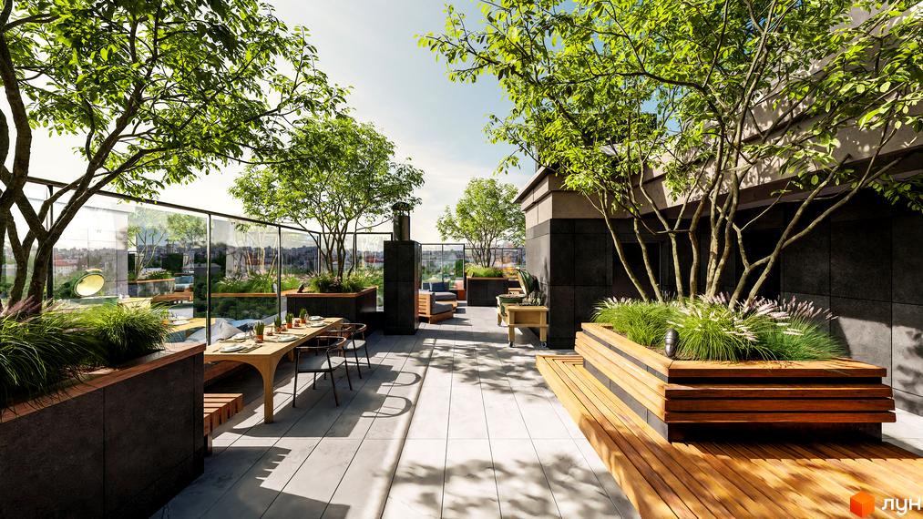 Зображення тераси на даху Житлового комплексу Замкова Брама з озелененням, меблями та видом на місто.