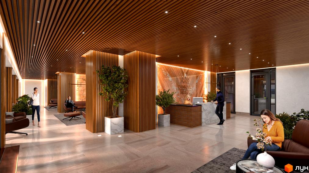 Інтер'єр холу Житлового комплексу Замкова Брама з дерев'яним оздобленням, зоною ресепшн та місцями для відпочинку.