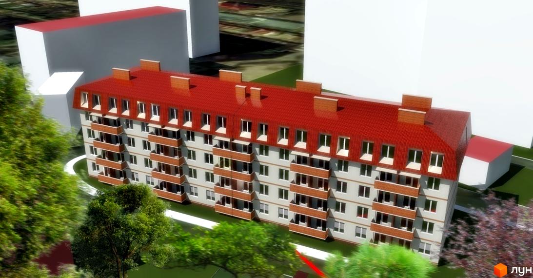 Зовнішній вигляд новобудови ЖК Лазурний з червоним дахом, балконами та вікнами. Навколо будинку зелені дерева та прибудинкова територія.