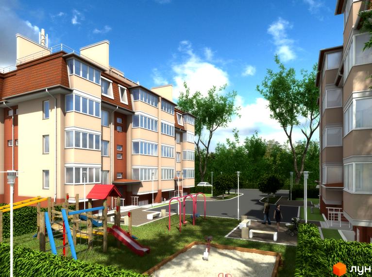 Багатоповерховий житловий будинок з коричневим дахом та світлими фасадами. На території Житлового комплексу Спарта розташований дитячий майданчик та зелені насадження.