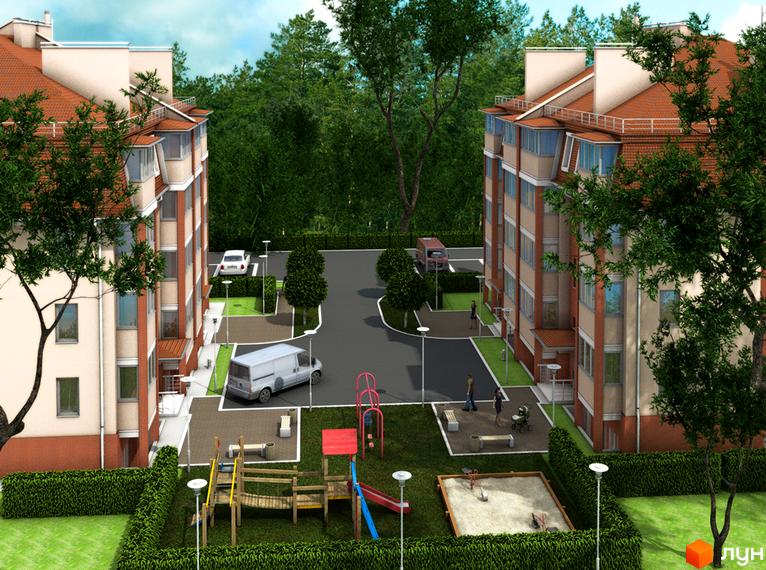 Житловий комплекс Спарта з сучасними будинками та прибудинковою територією, де є дитячий майданчик і зелені насадження.