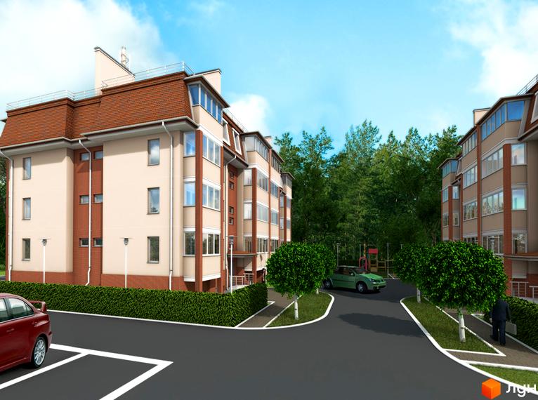 Зовнішній вигляд житлового комплексу ЖК Спарта з парковкою та зеленими насадженнями на прибудинковій території.