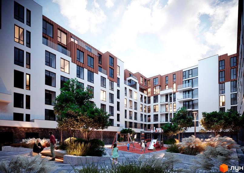 Житловий комплекс 111 Зелена з білими фасадами та терасами. На території дитячий майданчик, зелені насадження та місця для відпочинку.