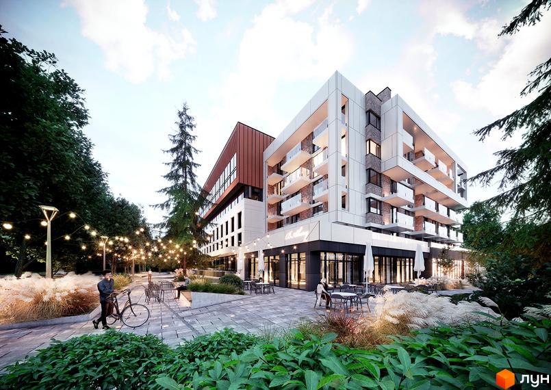 Зображення фасаду будівлі ЖК 111 Зелена з терасами та панорамними вікнами. На передньому плані – доглянута прибудинкова територія з рослинами та вуличними меблями.