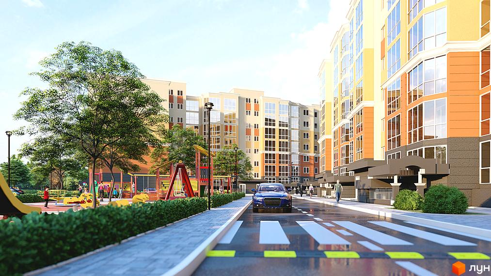 Житловий комплекс Еней з яскравими фасадами та великими вікнами. На території комплексу дитячий майданчик та зелені насадження.