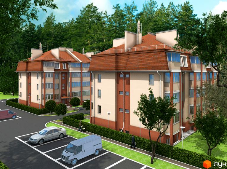 Житловий комплекс Спарта з сучасною архітектурою та прибудинковою територією, озелененням і парковкою.