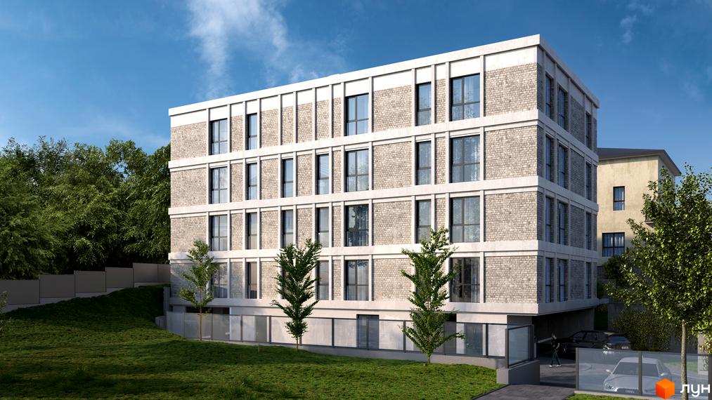 Житловий комплекс Вілла Погулянка - це чотириповерхова новобудова з цегляним фасадом та великими вікнами, розташована на схилі зеленої ділянки з деревами.