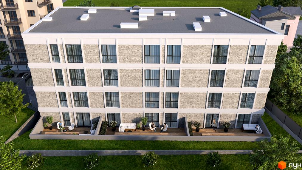 Житловий комплекс Вілла Погулянка. Триповерховий будинок з цегляним фасадом та терасами на першому поверсі, оточений зеленню.