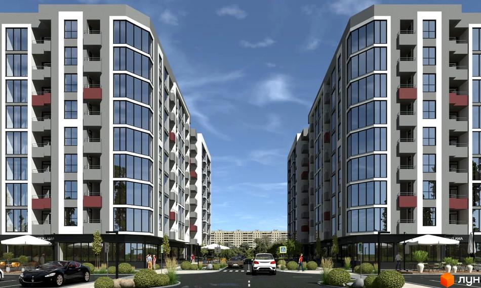 Зображення фасаду та прибудинкової території Житлового комплексу Onix. Багатоповерхові будинки з великими вікнами та балконами.