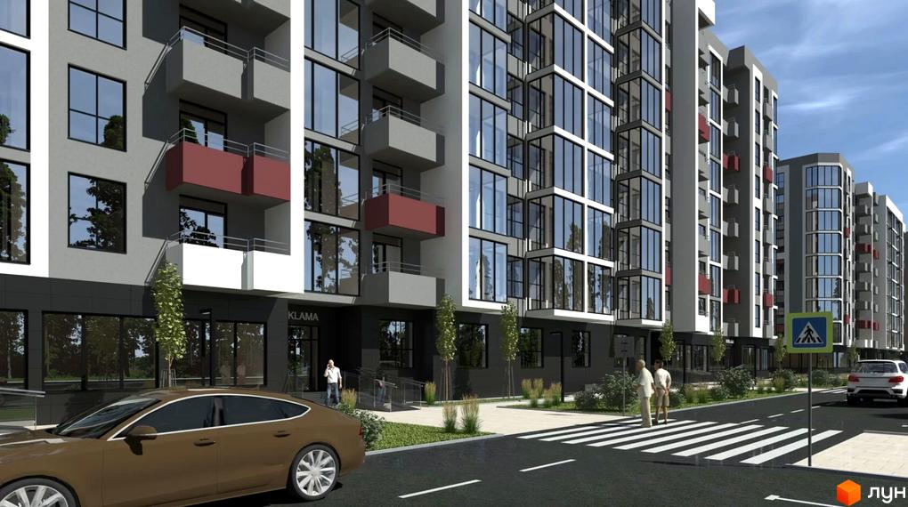 Зображення фасаду та прибудинкової території Житлового комплексу Onix. Вигляд новобудови з великими вікнами та червоними балконами.