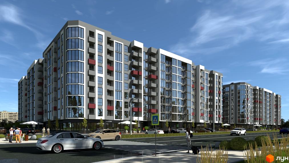 Зображення фасаду багатоповерхового будинку Житлового комплексу Onix з великими вікнами та червоними балконами. Перед будинком дорога та пішохідний перехід.