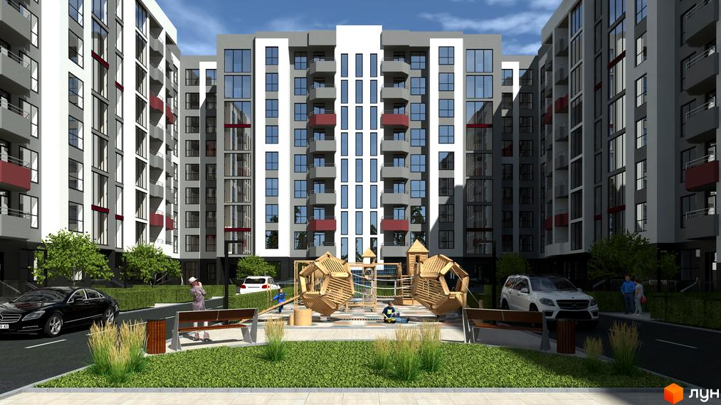 Зображення фасаду та подвір'я Житлового комплексу Onix з дитячим майданчиком та припаркованими автомобілями.