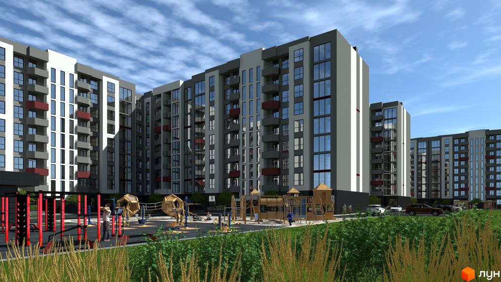 Житловий комплекс Onix - це сучасна новобудова з великою кількістю вікон та балконів, розташована біля дитячого майданчика та місць для відпочинку.