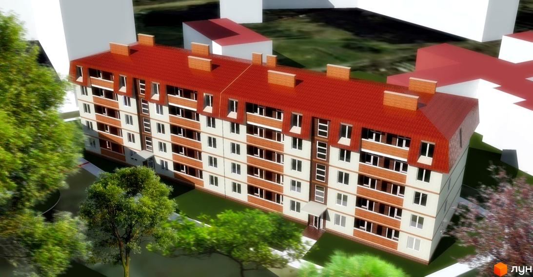 Зовнішній вигляд житлового комплексу Лазурний. Багатоквартирний будинок з червоним дахом та цегляними елементами фасаду. Навколо будинку зелені дерева та прибудинкова територія.