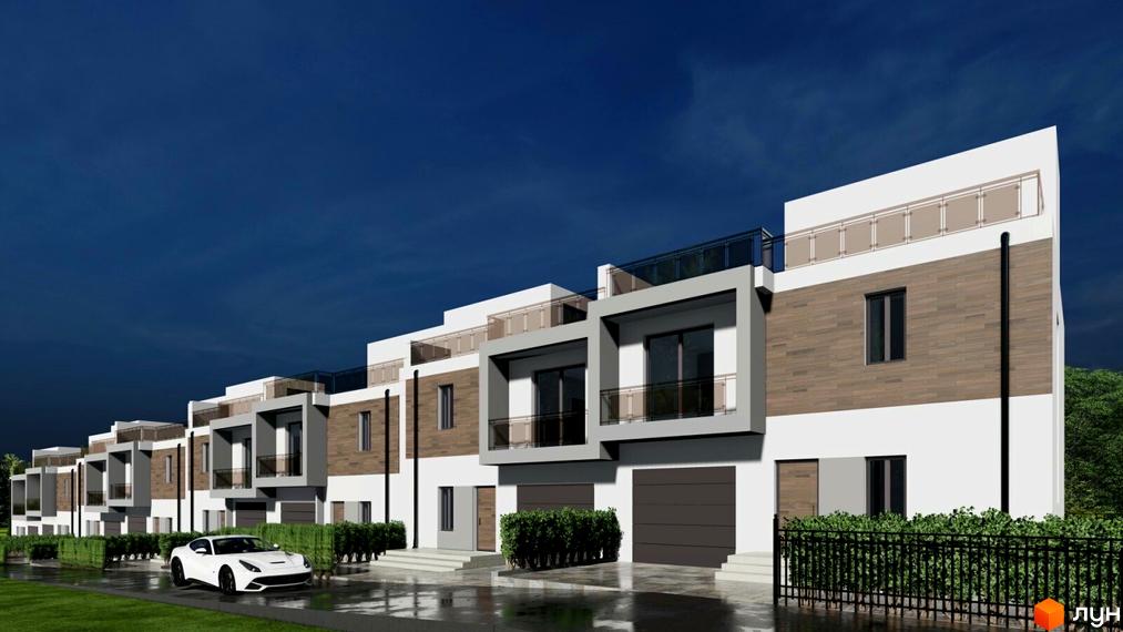 Котеджне містечко Mallhome: триповерхові таунхауси з панорамними вікнами та терасами, білий фасад з дерев'яними вставками, перед будинками зелені насадження та доглянутий газон.