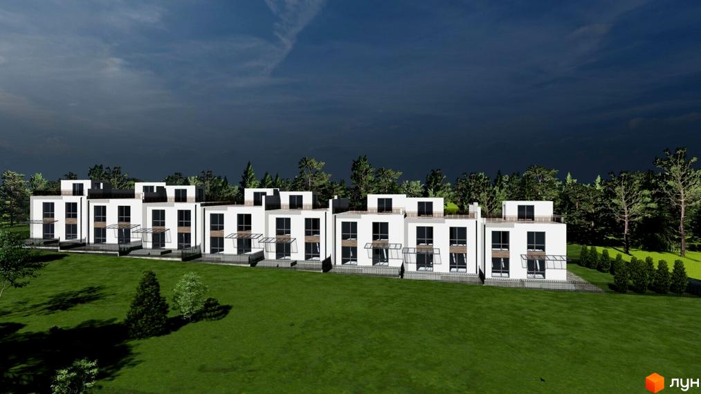 Зображення будинків Котеджного містечка Mallhome з великими вікнами та балконами. Навколо будинків зелений газон та дерева.