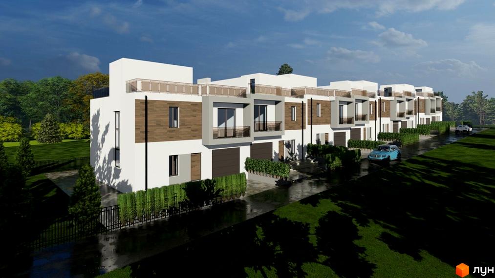 Зображення Котеджного містечка Mallhome: ряд будинків з гаражами, перед якими ростуть кущі. Поруч зелена трава та дерева.