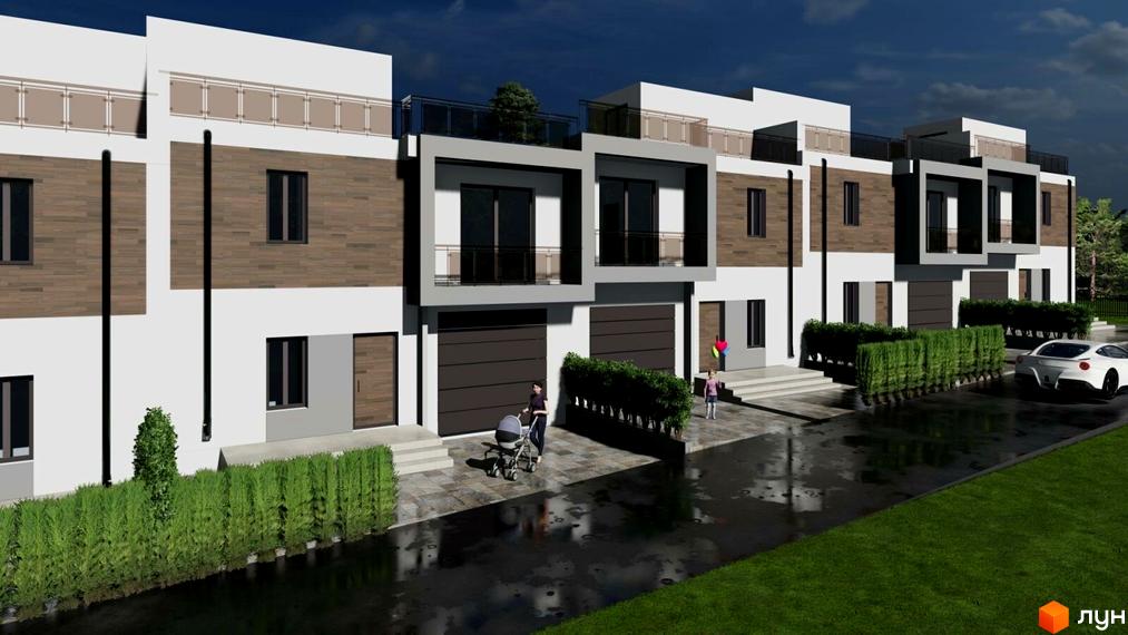 Зображення Котеджного містечка Mallhome: триповерхові будинки з гаражами, прибудинкова територія з зеленими насадженнями та автомобілем.