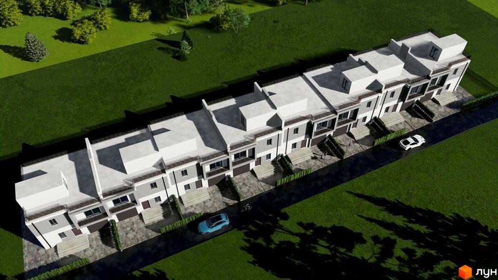 Зображення Котеджного містечка Mallhome з висоти пташиного польоту. Видно декілька будинків з сірими дахами та припарковані автомобілі.