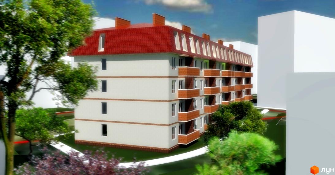 Житловий комплекс Лазурний: п'ятиповерхова будівля з червоним дахом, білими стінами та цегляними балконами. Навколо зелені насадження та доріжка.