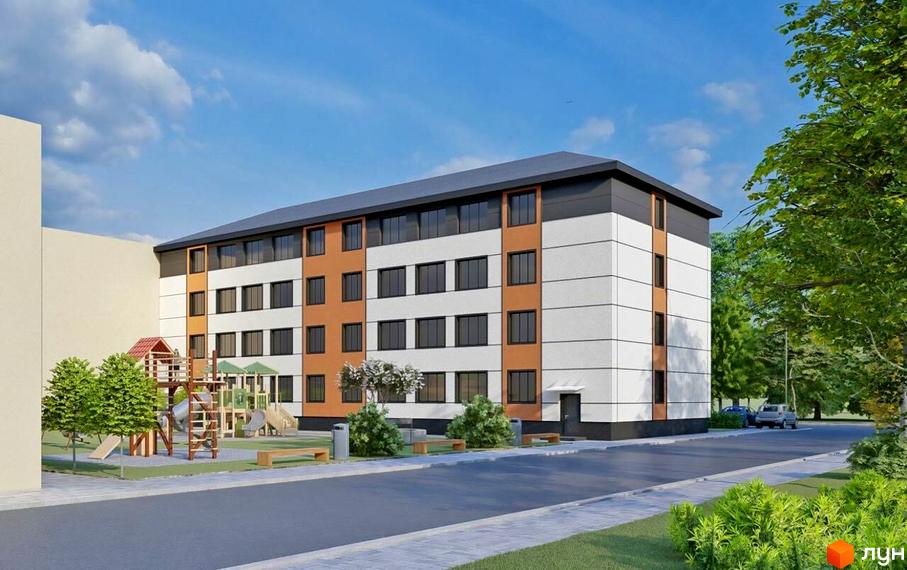 Зовнішній вигляд новобудови ЖК Smart House з дитячим майданчиком та зеленими насадженнями. Будинок має біло-помаранчеву фасаду та темний дах.