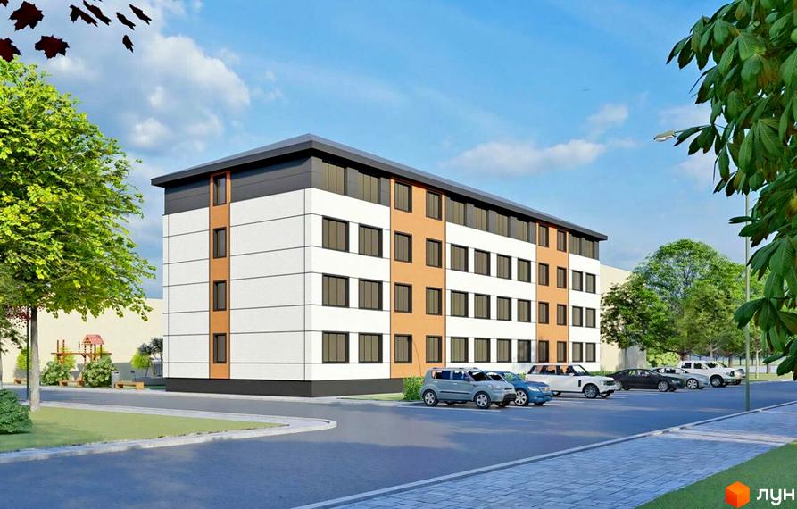 Зображення фасаду та прибудинкової території Житлового комплексу Smart House. На передньому плані парковка з автомобілями.